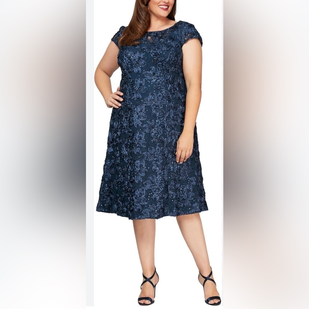 ALEX EVENINGS Womens Navy Sequined Knee Length Cocktail Fit Flare Dress Sz 24W